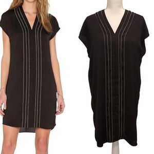 Vince Embroidered Pullover Black Satin V Neck Size 8 Boxy Cap Sleeve Mini Dress